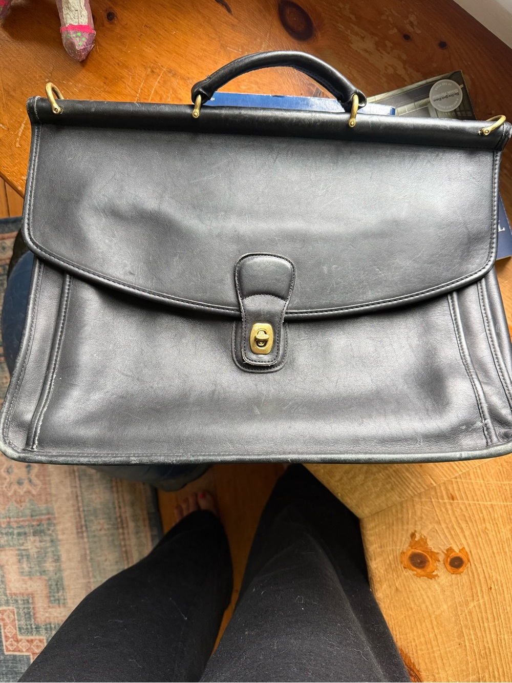 Coach Black Leather Men's Briefcase with Gold Hardware